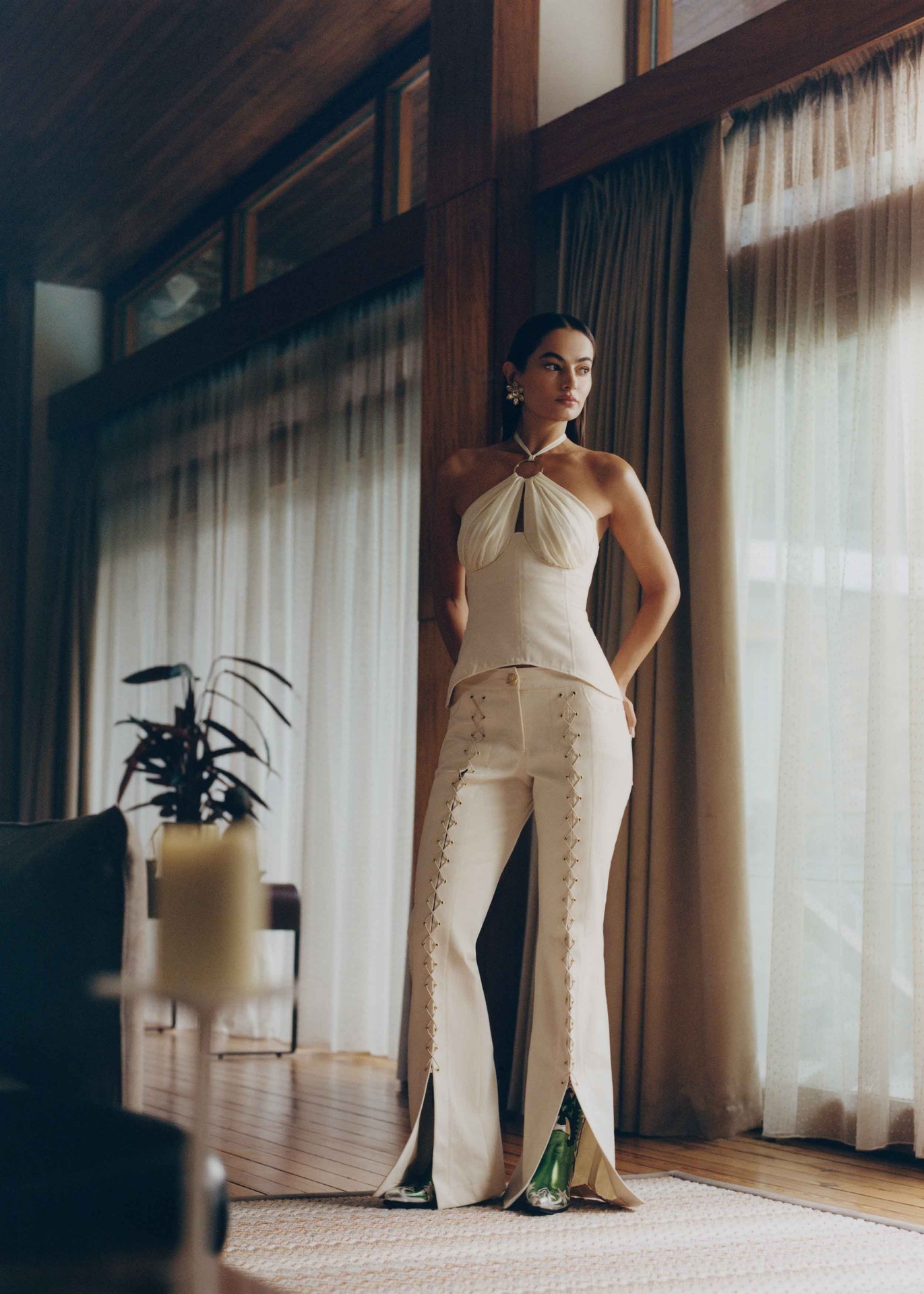 Lace-Up Cream Denim Flared Trousers