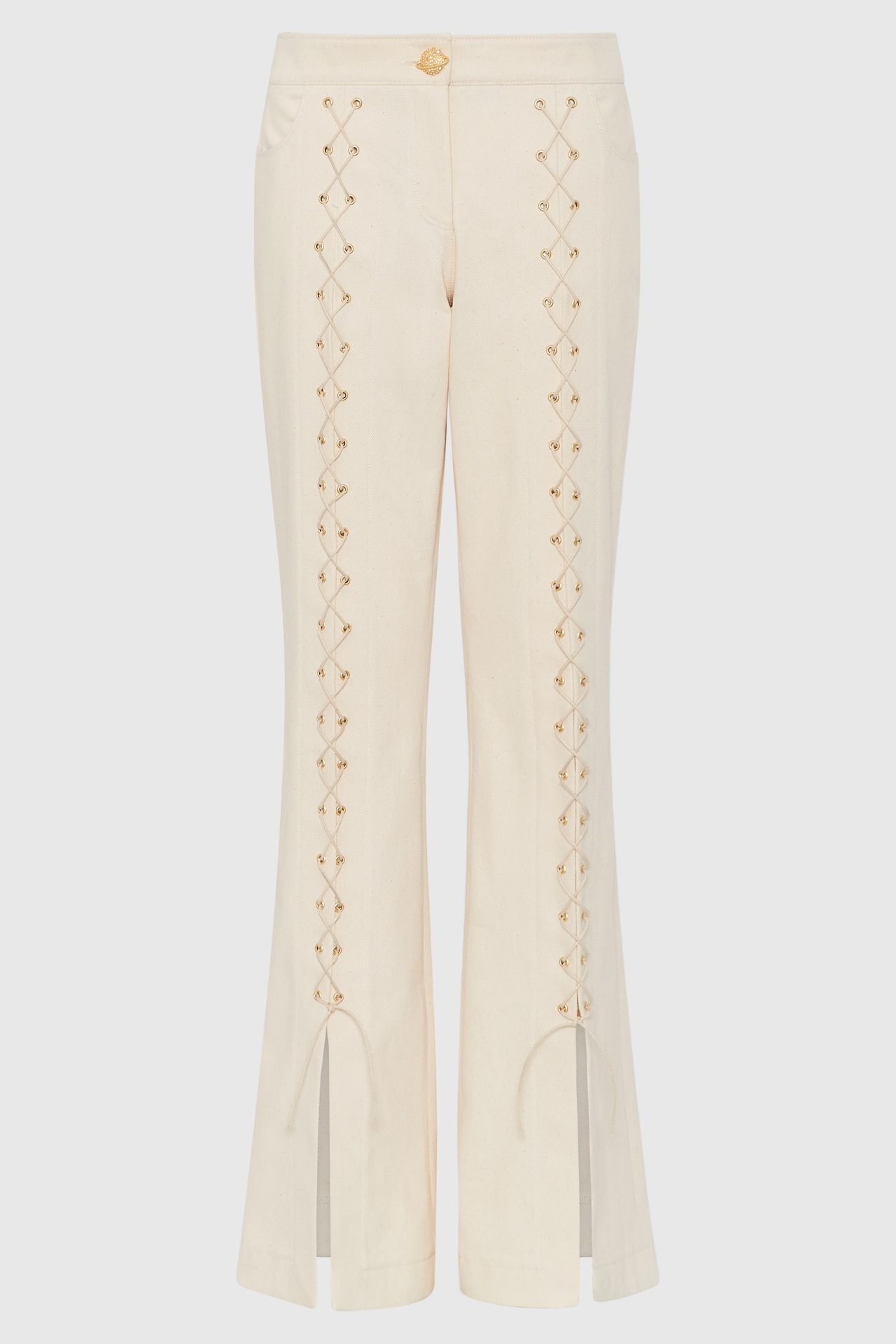 Lace-Up Cream Denim Flared Trousers (UK6)